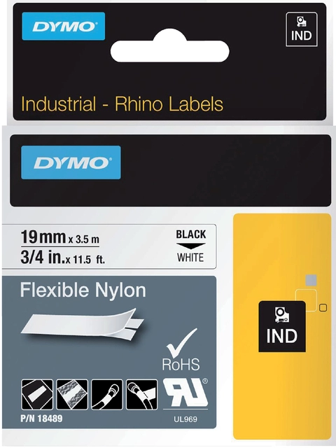 Een Labeltape Dymo Rhino industrieel nylon 19mm zwart op wit koop je bij VHK Kantoorartikelen