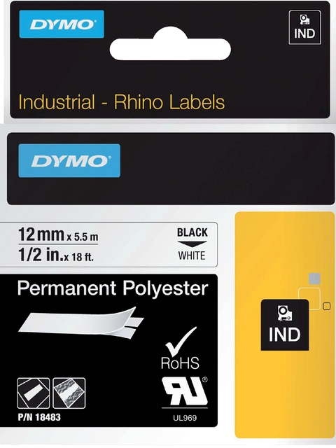 Een Labeltape Dymo Rhino industrieel polyester 12mm zwart op wit koop je bij VHK Kantoorartikelen