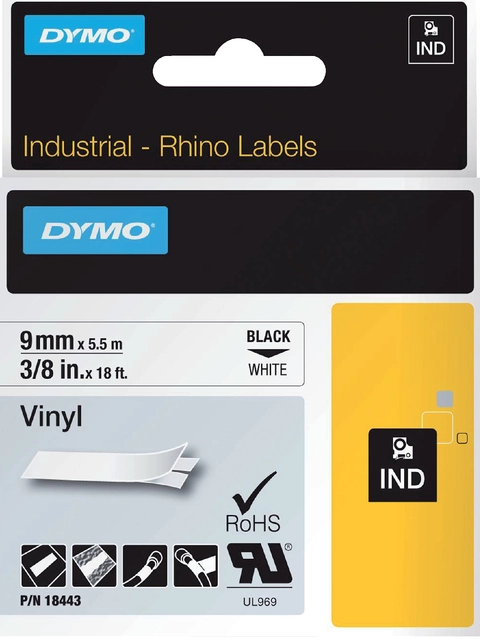 Een Labeltape Dymo Rhino industrieel vinyl 9mm zwart op wit koop je bij VHK Kantoorartikelen