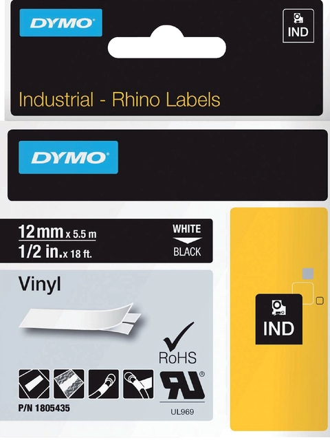 Een Labeltape Dymo Rhino industrieel vinyl 12mm wit op zwart koop je bij VHK Kantoorartikelen