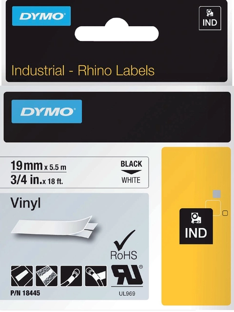 Een Labeltape Dymo Rhino industrieel vinyl 19mm zwart op wit koop je bij VHK Kantoorartikelen