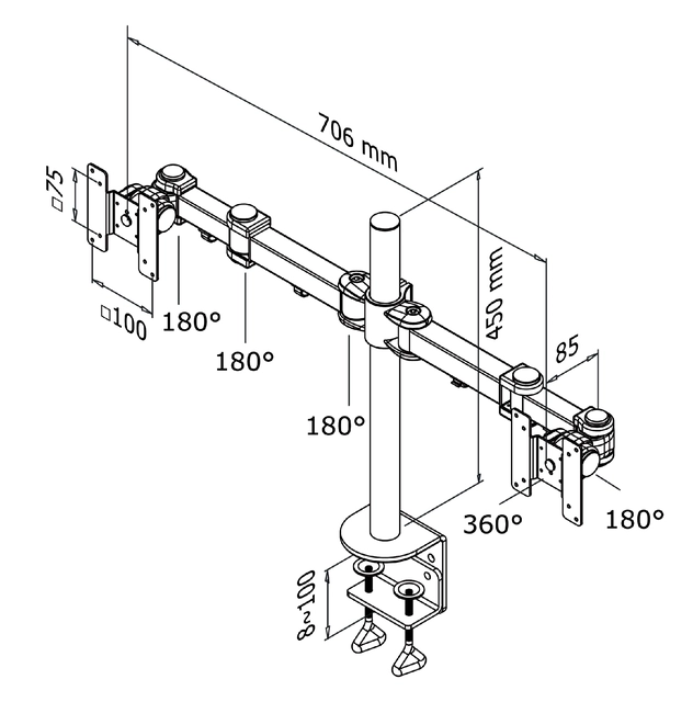 Een Monitorarm Neomounts D960D 2x10-27" met klem zwart koop je bij VHK Kantoorartikelen