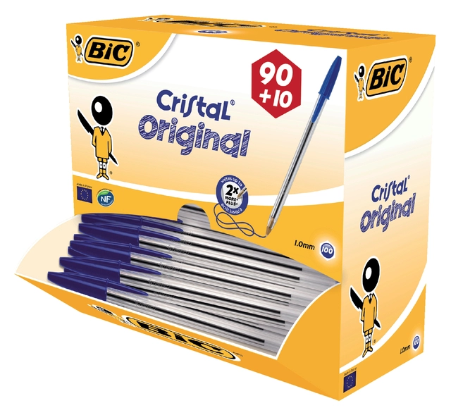 Een Balpen Bic Cristal medium blauw doos à 90+10 gratis koop je bij VHK Kantoorartikelen