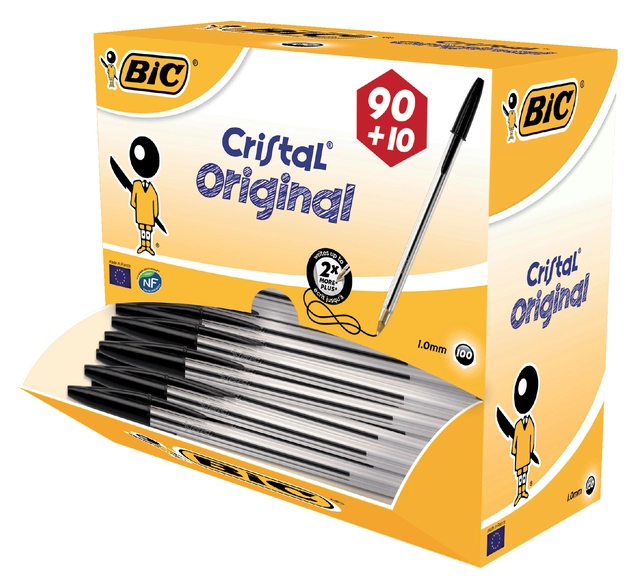 Een Balpen Bic Cristal medium zwart doos à 90+10 gratis koop je bij VHK Kantoorartikelen