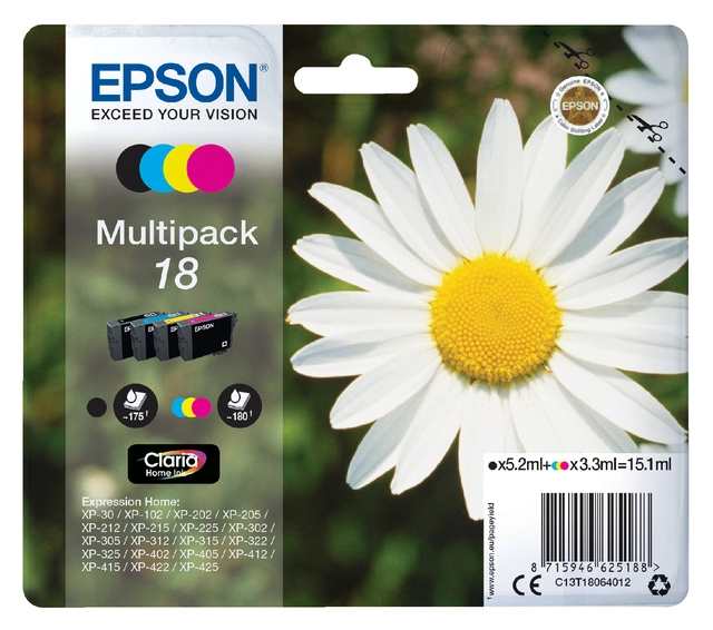 Een Inktcartridge Epson 18 T1806 zwart + 3 kleuren koop je bij VHK Kantoorartikelen