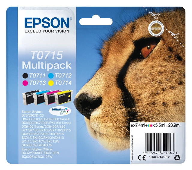 Een Inktcartridge Epson T0715 zwart + 3 kleuren koop je bij VHK Kantoorartikelen