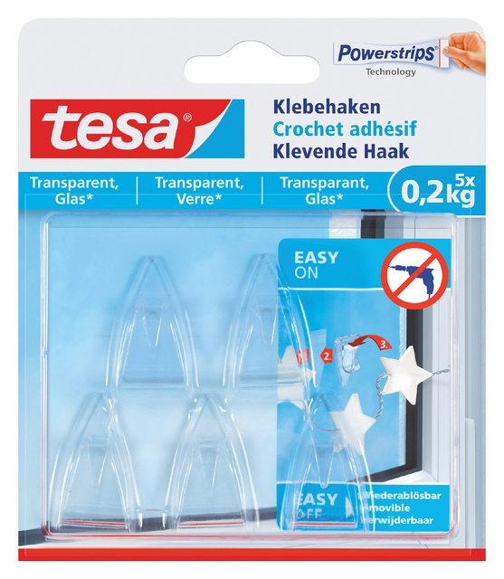 Een Klevende haak tesa® 0,2kg transparant 5 stuks koop je bij Hoekmankantoorartikelen.nl