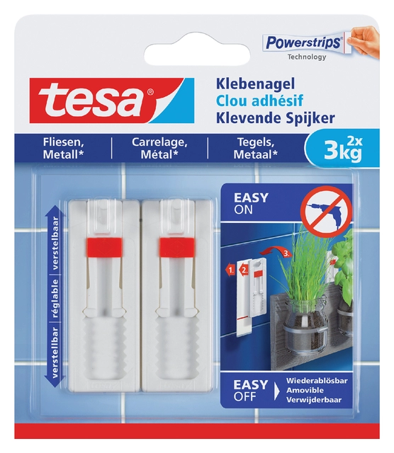 Een Klevende Spijker tesa® tegels & metaal 3kg verstelbaar wit 2 stuks koop je bij Hoekmankantoorartikelen.nl