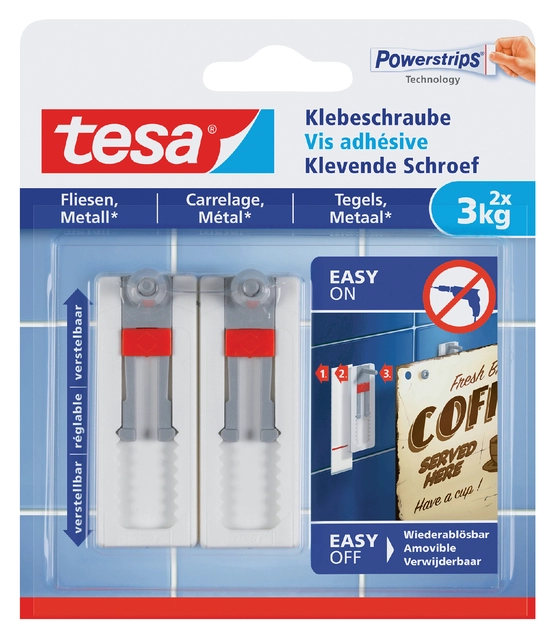 Een Klevende schroef tesa® tegels & metaal 3kg verstelbaar wit 2 stuks koop je bij Hoekmankantoorartikelen.nl