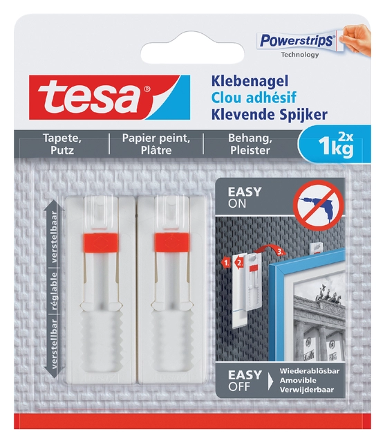 Een Klevende spijker tesa® behang en pleisterwerk 1kg verstelbaar wit 2 stuks koop je bij Hoekmankantoorartikelen.nl