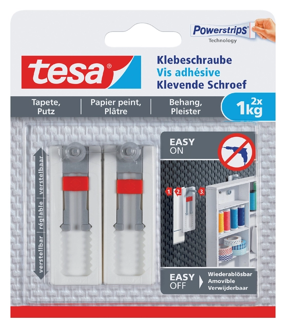 Een Klevende schroef tesa® behang en pleisterwerk 1kg verstelbaar wit 2 stuks koop je bij Hoekmankantoorartikelen.nl