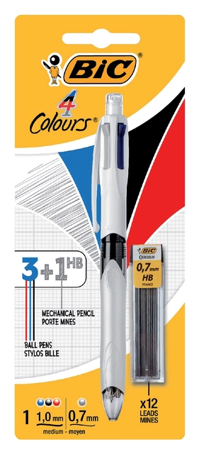 Een Balpen Bic 3kleuren met vulpotlood HB 0.7mm medium wit blister à 1 stuk koop je bij VHK Kantoorartikelen