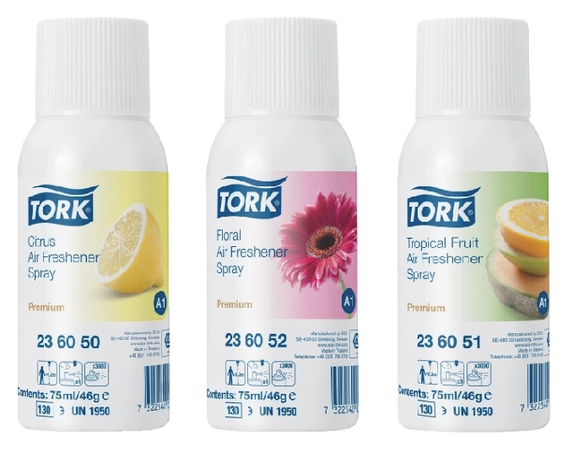 Een Luchtverfrisser Tork A1 spray met tropische fruitgeur 75ml 236051 koop je bij VHK Kantoorartikelen