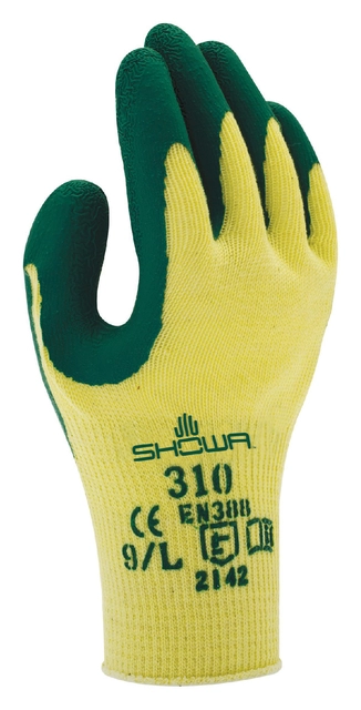 Een Handschoen Showa 310 grip latex L groen/geel koop je bij VHK Kantoorartikelen