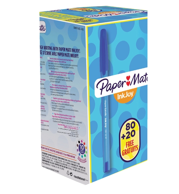 Een Balpen Paper Mate Inkjoy 100 medium blauw valuepack 80+20 gratis koop je bij Hoekmankantoorartikelen.nl