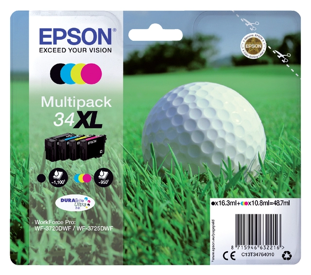 Een Inktcartridge Epson 34XL T3476 zwart + 3 kleuren koop je bij VHK Kantoorartikelen