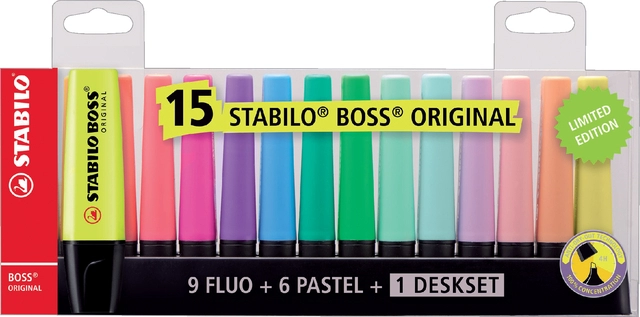 Een Markeerstift STABILO BOSS Original 70/15 assorti deskset à 15 stuks koop je bij VHK Kantoorartikelen