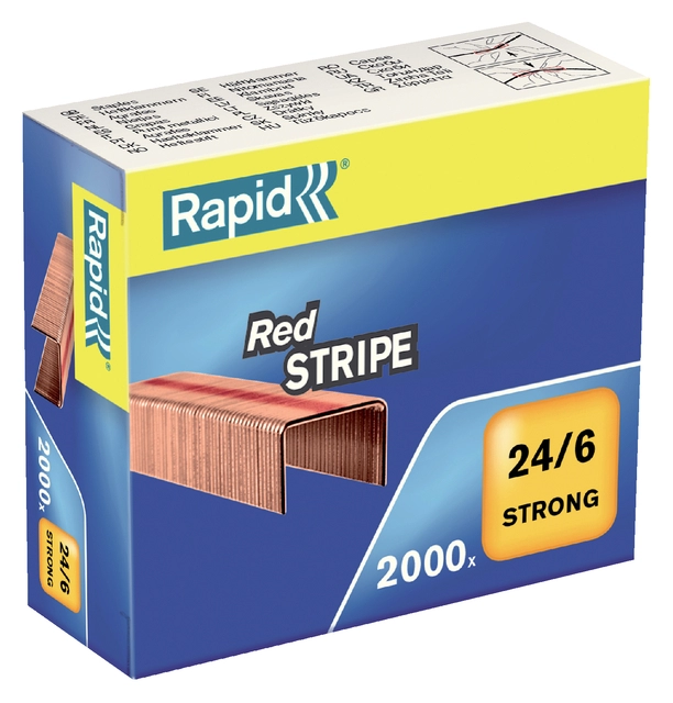 Een Nieten Rapid Nieten Rapid 24/6 verkoperd red stripe 2000 stuks koop je bij Hoekmankantoorartikelen.nl