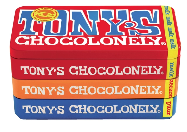 Een Chocolade Tony's Chocolonely puur-melk en karamel zeezout blik 540gr koop je bij VHK Kantoorartikelen