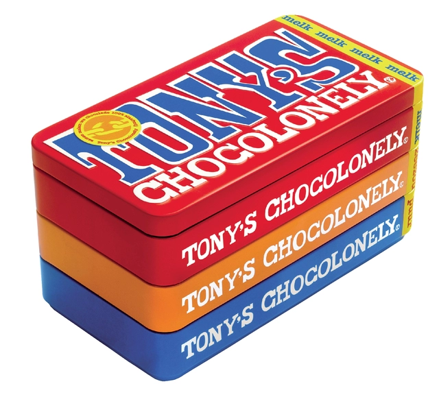 Een Chocolade Tony's Chocolonely puur-melk en karamel zeezout blik 540gr koop je bij VHK Kantoorartikelen