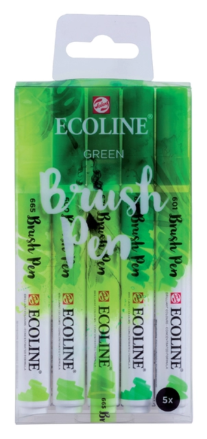 Een Brushpen Talens Ecoline set-groen blister à 5 stuks ass koop je bij Hoekmankantoorartikelen.nl