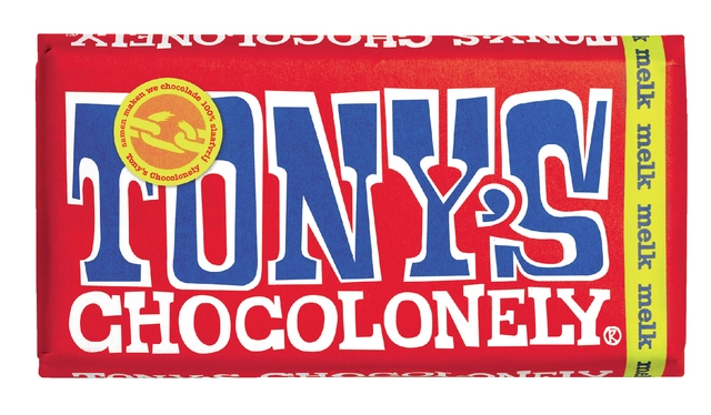 Een Chocolade Tony's Chocolonely melk reep 180gr koop je bij VHK Kantoorartikelen