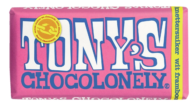 Een Chocolade Tony's Chocolonely wit framboos knettersuiker reep 180gr koop je bij VHK Kantoorartikelen