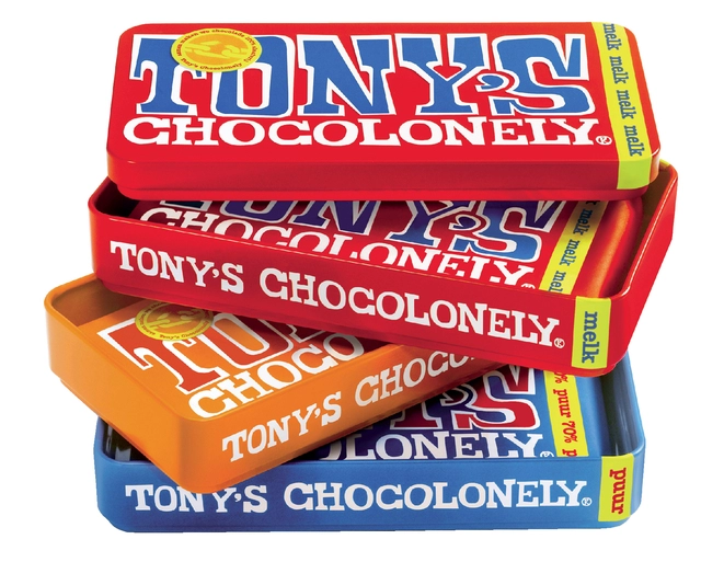 Een Chocolade Tony's Chocolonely puur-melk en karamel zeezout blik 540gr koop je bij VHK Kantoorartikelen