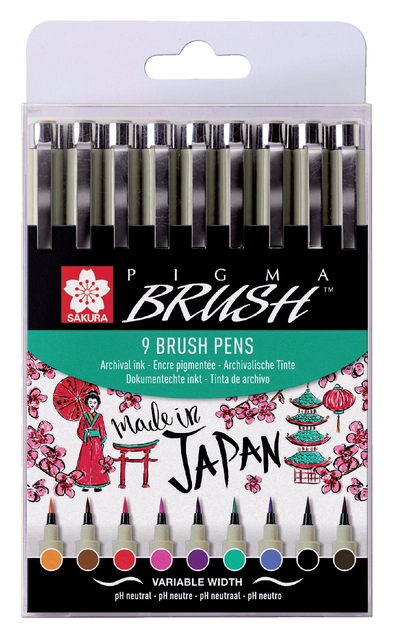 Een Viltift met brushpen Bruynzeel Sakura Pigma etui à 9 kleuren koop je bij VHK Kantoorartikelen