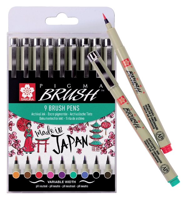 Een Viltift met brushpen Bruynzeel Sakura Pigma etui à 9 kleuren koop je bij VHK Kantoorartikelen