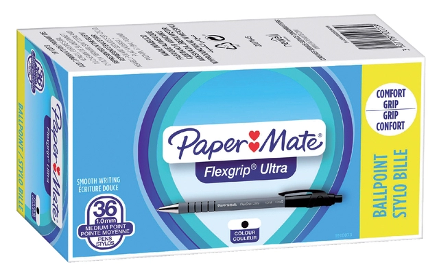 Een Balpen Paper Mate Flexgrip Ultra medium zwart valuepack 30+6 gratis koop je bij VHK Kantoorartikelen