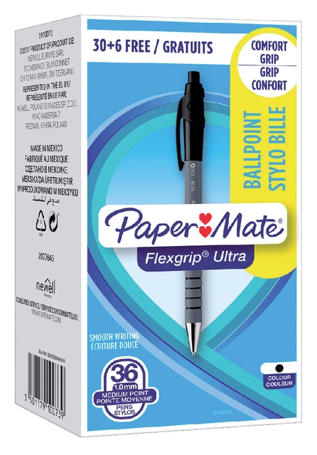 Een Balpen Paper Mate Flexgrip Ultra medium zwart valuepack 30+6 gratis koop je bij VHK Kantoorartikelen