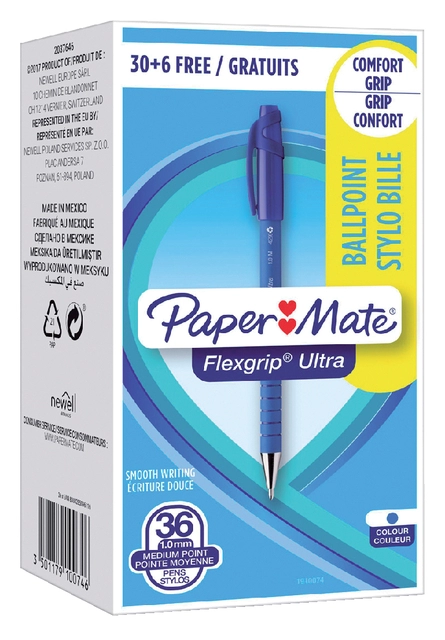 Een Balpen Paper Mate Flexgrip Ultra medium blauw valuepack 30+6 gratis koop je bij VHK Kantoorartikelen