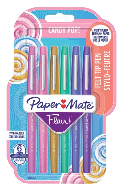 Een Fineliner Paper Mate Flair Candy Pop! medium assorti blister à 6 stuks koop je bij Hoekmankantoorartikelen.nl