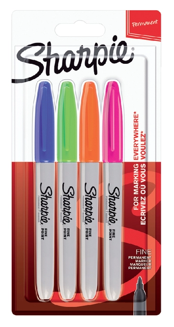 Een Viltstift Sharpie rond fine fun assorti blister à 4 stuks koop je bij VHK Kantoorartikelen