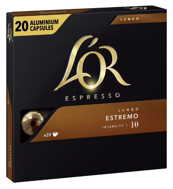 Een Koffiecups L'Or espresso Lungo Estremo 20 stuks koop je bij VHK Kantoorartikelen