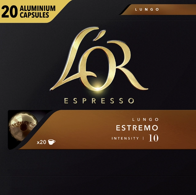 Een Koffiecups L'Or espresso Lungo Estremo 20 stuks koop je bij VHK Kantoorartikelen