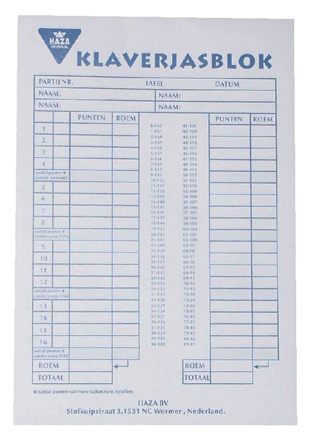 Een Scoreblok Klaverjas 50vel koop je bij VHK Kantoorartikelen