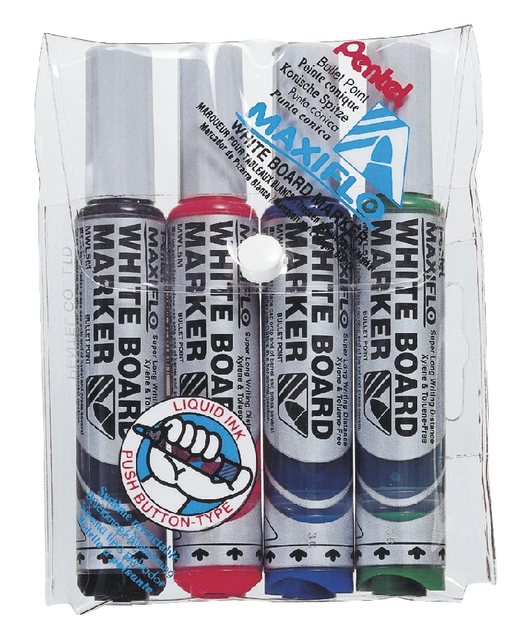 Een Viltstift Pentel MWL5M Maxiflo whiteboard rond 3mm assorti set à 4 stuks koop je bij VHK Kantoorartikelen