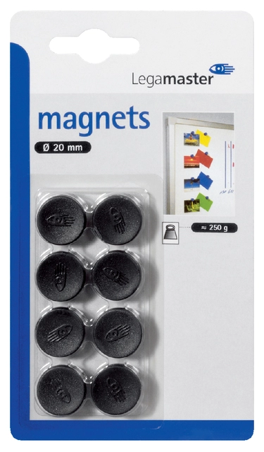 Een Magneet Legamaster 20mm 250gr zwart 8 stuks koop je bij Hoekmankantoorartikelen.nl