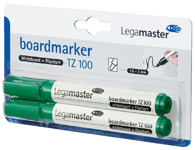 Een Viltstift Legamaster TZ 100 whiteboard rond 1.5-3mm groen blister à 2 stuks koop je bij VHK Kantoorartikelen