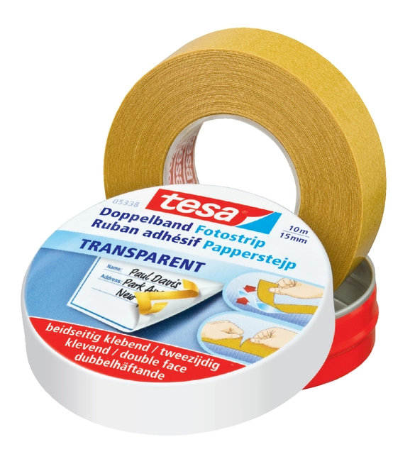 Een Dubbelzijdig knutseltape tesa® 10mx15mm beige in bewaarblik koop je bij VHK Kantoorartikelen