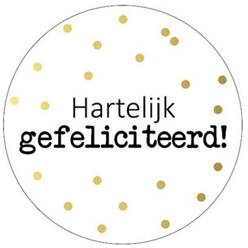 Een KP etiket "Hartelijk gefeliciteerd + stippen", diameter 40 mm, rol van 250 stuks koop je bij Muys Kantoor & Kado