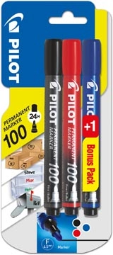 Een Pilot permanent marker 100, blister met 3 stuks (2 + 1 GRATIS) in geassorteerde kleuren koop je bij Muys Kantoor & Kado