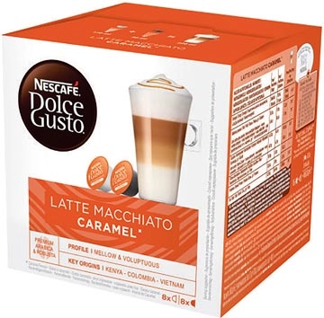 Een Nescafé Dolce Gusto koffiecapsules, Latte Macchiato Caramel, pak van 16 stuks koop je bij Muys Kantoor & Kado