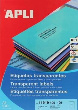 Een Apli Transparante etiketten ft 210 x 297 mm (b x h), 100 stuks, 1 per blad, doos van 100 blad koop je bij best4office