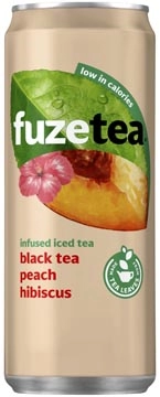 Een Fuze Tea perzik hibiscus frisdrank, sleek blik van 33 cl, pak van 24 stuks koop je bij Muys Kantoor & Kado