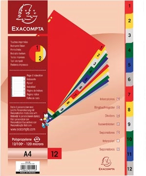 Een Exacompta tabbladen numeriek voor ft A4, uit PP 12/100e, 12 kleurtabs, met indexblad, wit koop je bij best4office