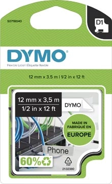 Een Dymo D1 flexibele nylontape 12 mm, zwart op wit koop je bij best4office