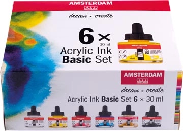 Een Amsterdam acryl inkt Bassisset, set met 6 flacons van 30 ml, assorti koop je bij best4office